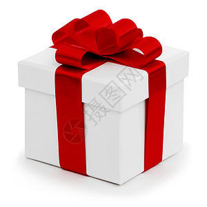礼物白色盒子与红色缎子蝴蝶结隔离白色图片