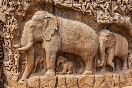 大象下降恒河Arjunarsquo忏悔古代石雕纪念碑马哈巴利浦兰,泰米尔纳德,印度背景图片