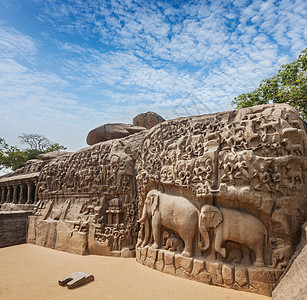 恒河Arjunarsquo的祖先古代石雕印度泰米尔纳德邦Mahabalipuram的纪念碑图片