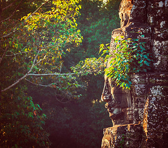 复古效果过滤了古旧风格的旅游形象,古石脸的巴音寺,吴哥,柬埔寨种植植物图片