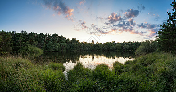 美丽的夏季日落反射静湖全景景观中图片