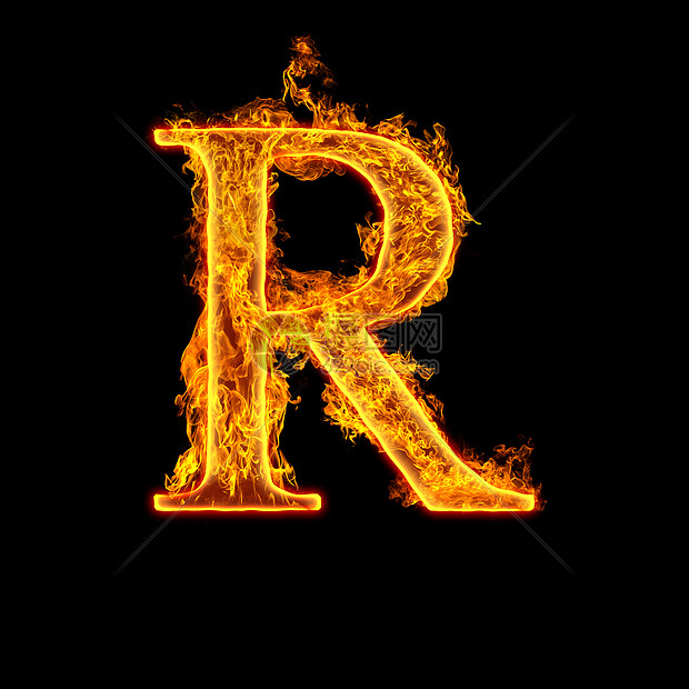 黑色背景上隔离的火字母表字母r