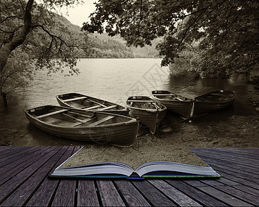 创意页的书,海皮亚复古风格的图片,遗弃船屋划船景观图片