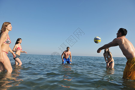 轻人体玩得开心,阳光明媚的夏日打沙滩排球图片