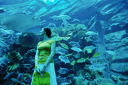 轻的女人带着蓝色的大水族馆,背景很多鱼图片