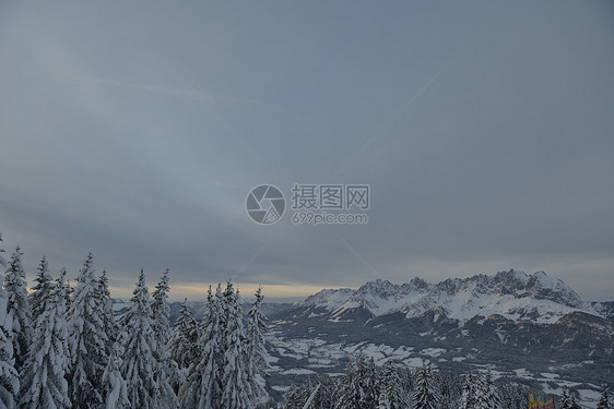 冬季自然景观山岳与树木新鲜的雪图片