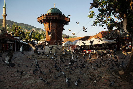 萨拉热窝首都波斯尼亚欧洲,老城中心历史喷泉流行的旅游目的地图片