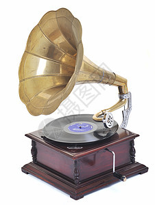 复古的旧留声机,用于录音室中隔离白色的盘子上播放音乐图片
