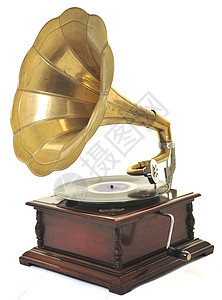 复古的旧留声机与喇叭扬声器播放音乐的盘子隔离白色的工作室图片