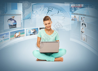 技术,互联网,电视新闻轻女子笔记本电脑虚拟屏幕图片