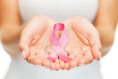 医疗保健医学妇女手粉红色乳腺癌意识丝带背景图片