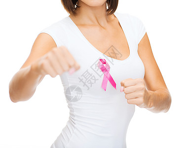 保健医学女空白T恤与粉红色乳腺癌意识丝带图片