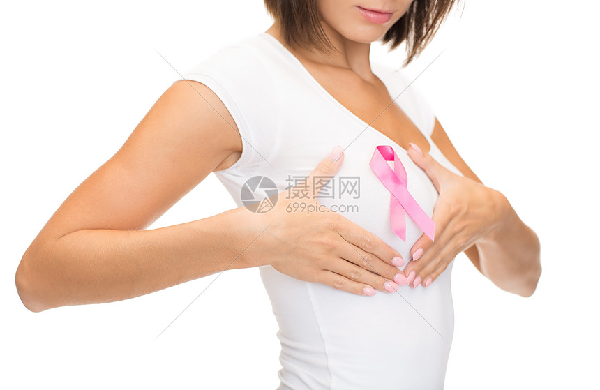 ‘~保健医学女空白T恤与粉红色乳腺癌意识丝带检查乳房  ~’ 的图片