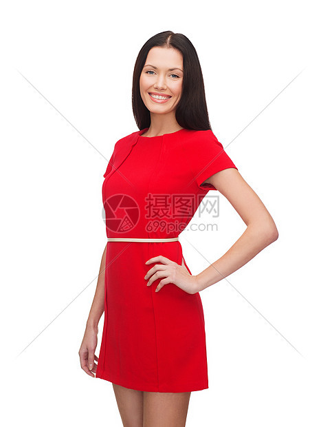 幸福人的微笑的轻女人穿着红色的衣服图片