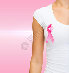 保健医学女空白T恤与粉红色乳腺癌意识丝带图片