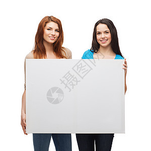 广告,销售人的微笑的轻女孩与空白白板背景图片