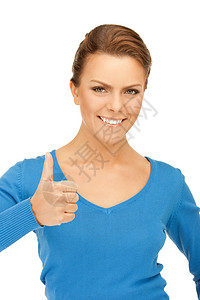 握住手势明亮的照片,可爱的十几岁的女孩竖大拇指背景