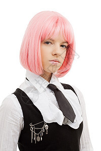 可爱的粉红色头发的女学生的特写图像图片