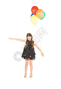 快乐的女孩,五颜六色的气球白色上图片