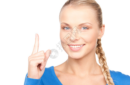 手势 1吸引力的轻女人的照片,她的手指向上背景