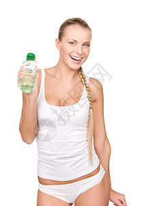 美丽的女人带着瓶水超过白色图片