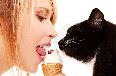 可爱的女孩带冰淇淋的猫的照片图片
