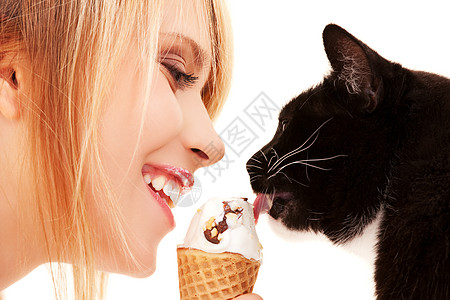 猫女孩可爱的女孩带冰淇淋的猫的照片背景