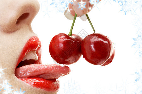 樱桃,嘴唇舌头与雪花的图片背景图片