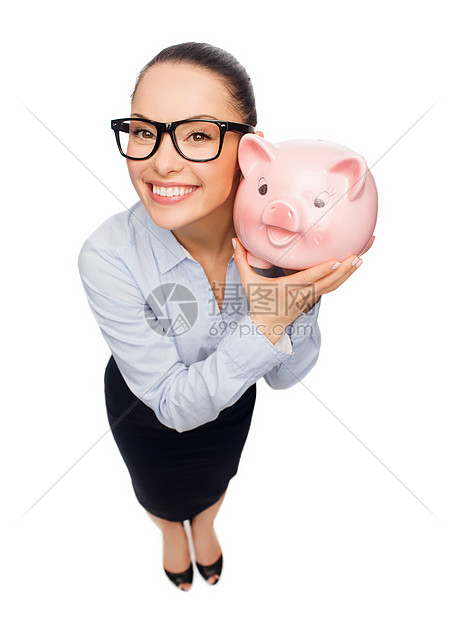 商业,银行,投资办公室微笑的女商人戴着眼镜储蓄罐图片