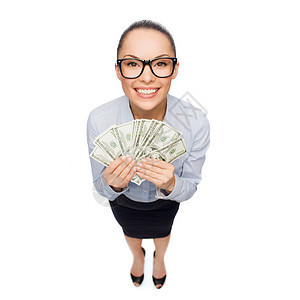 商业,货币银行微笑的女商人戴着眼镜,带着美元现金图片