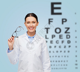 医疗保健,视觉医学微笑的女医生戴着眼镜眼图图片