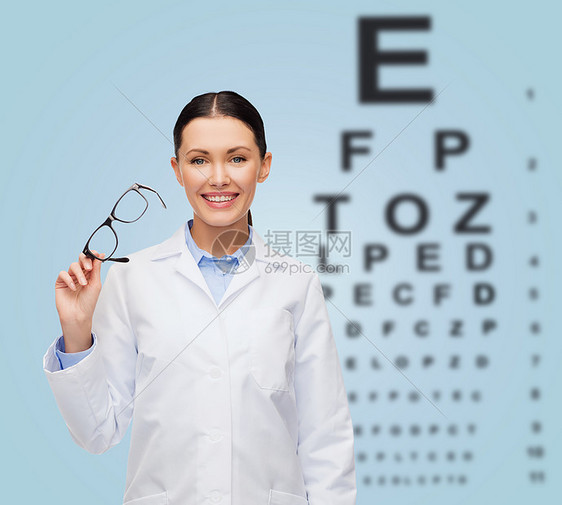 医疗保健,视觉医学微笑的女医生戴着眼镜眼图图片