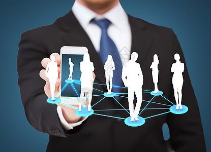 商业,互联网技术商人智能手机与社交网络屏幕上图片