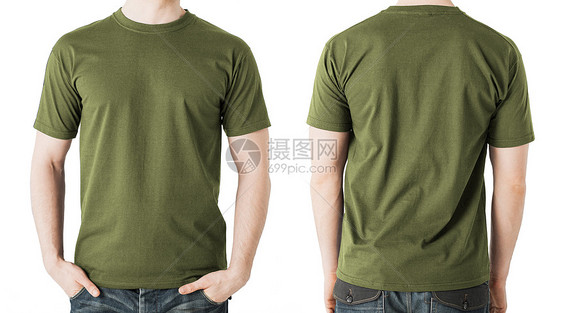 服装理念人空白卡其色绿色t恤,前后视图图片