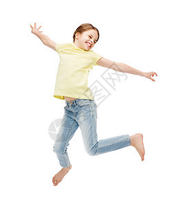 快乐,活动孩子的微笑的小女孩跳跃图片