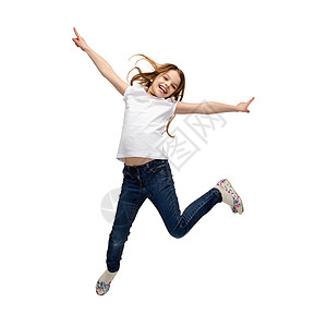 快乐,活动孩子的微笑的小女孩跳跃图片
