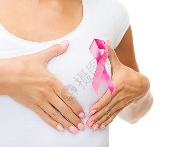保健医学女空白T恤与粉红色乳腺癌意识丝带检查乳房图片