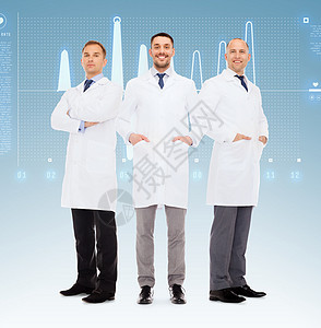 医疗保健,专业,队合作医学群微笑的男医生穿着白色外套,蓝色背景,心脏图图片