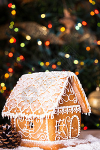 姜饼的房子的灯光下装饰着冷杉树图片