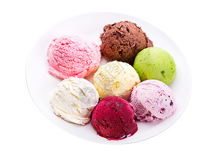 白色背景上分离出的各种冰淇淋的盘子图片