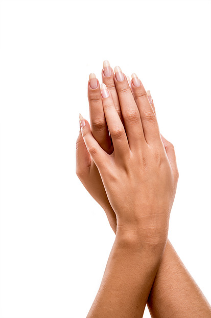 美丽的女人白色的背景上摆手