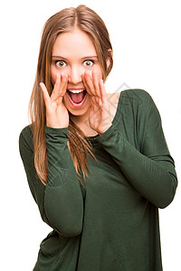 美丽的金发女人呼唤某人背景图片