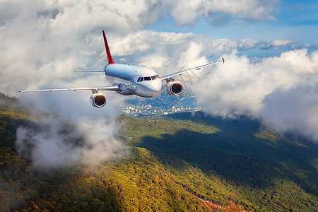 日落时,飞机云层中飞过森林风景与白色客机,多云的天空绿树客机正降落商务旅行商业飞机图片