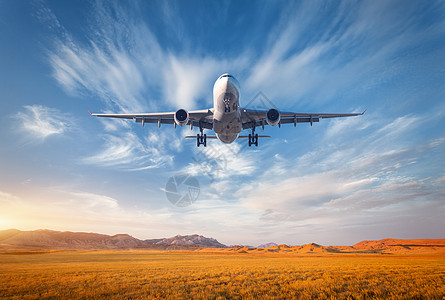 民航客机飞机五颜六色的风景与客机蓝天上飞行,云山谷的草地上,夏天的日落客机正降落商用飞机背景