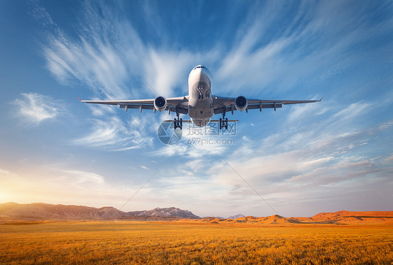 飞机五颜六色的风景与客机蓝天上飞行,云山谷的草地上,夏天的日落客机正降落商用飞机图片