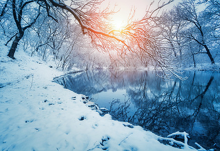 日落时河上的冬季森林五颜六色的风景与雪树,冰冻的河流与倒影水中季节的雪覆盖着树木湖泊太阳蓝天雪冬里美丽图片