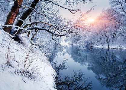 日落时河上的冬季森林五颜六色的风景与雪树,河流与倒影寒冷的夜晚雪覆盖着树木湖泊太阳蓝天雪冬里美丽的森林日图片