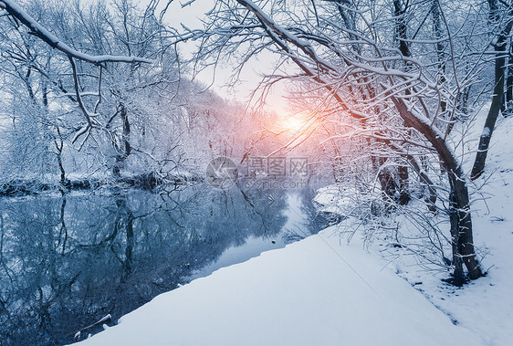 日落时河上的冬季森林五颜六色的风景与雪树,河流与倒影寒冷的夜晚雪覆盖着树木湖泊太阳蓝天雪冬里美丽的森林冬图片