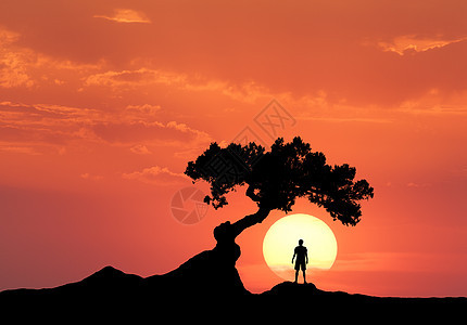 太阳背景下弯曲的树下的人个站山上的运动男子的轮廓五颜六色的橙色天空与云彩日落晚上美丽的风景旅行图片