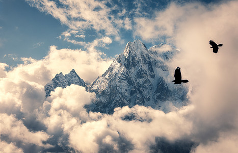 两只飞鸟抗雄伟的马纳斯鲁山,雪峰云中阳光明媚的日子尼泊尔景观美丽的高岩石蓝色的多云天空自然背景仙女的场景图片